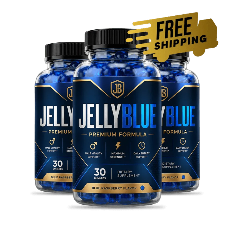 JellyBlue official website — three bottles of JellyBlue Premium Formula men's vitality gummies, 30 gummies each